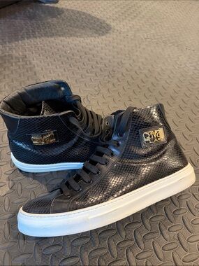 Cavalli Class Black Snake-Texture High-Top Sneakers with White Sole